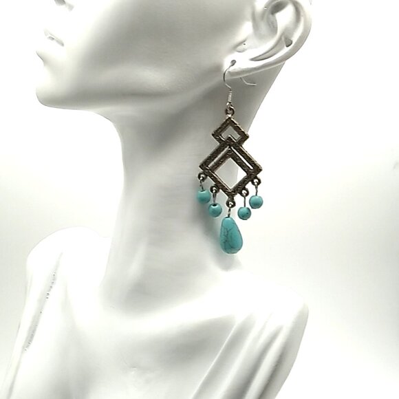 Turquoise Antique Silver Dangle Earrings 2.25" Drop - Picture 1 of 14